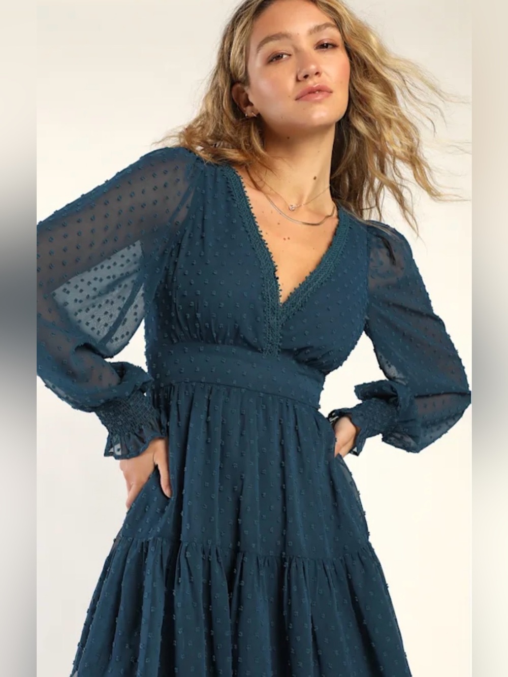 Lulus NWT Charming Approach Teal Blue Swiss Dot Ruffled Mini Dress M